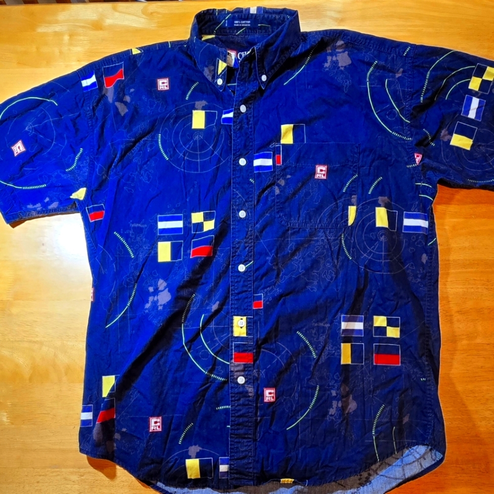 Chaps Ralph Lauren Shirt Mens Large Blue Nautical Sailing Short Sleeve Button
